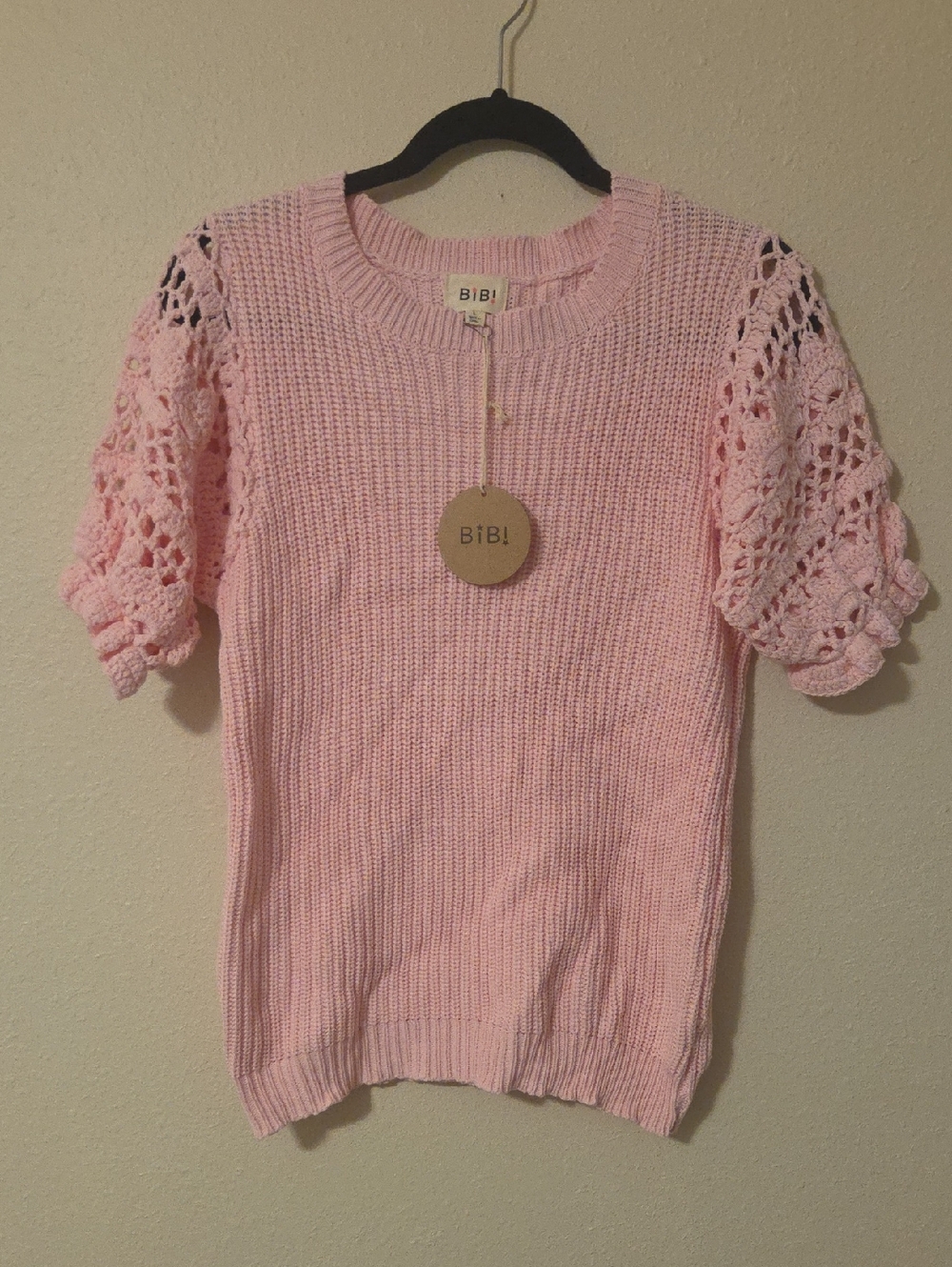 BiBi Light Pink Crochet Puff Sleeve Knit Top